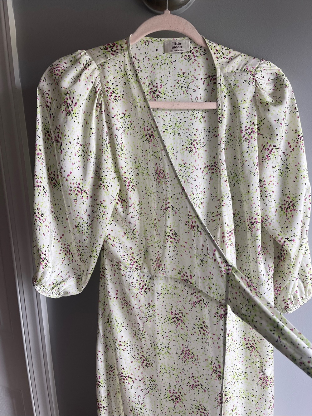 Little Moon White Floral Print Wrap Dress with Lime and Lavender Accents